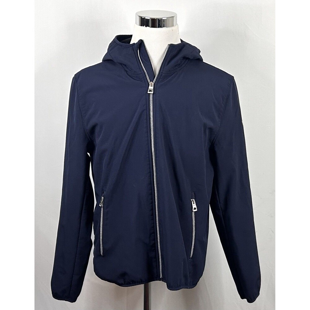 Guess Large Hooded Soft Shell Jacket Full Zip Fleece Lined Navy Blue Poly Blend - Picture 2 of 5